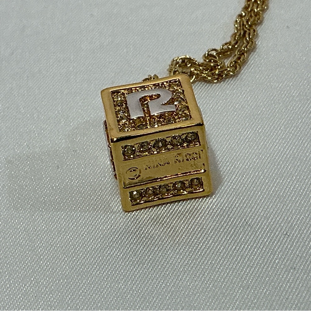 Vintage Nina Ricci Cube Dice Rhinestone Pendant NR Logo Gold Silver Necklace - Picture 6 of 10